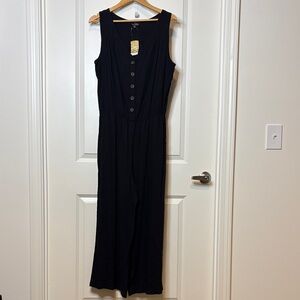 Suzanne Betro Black V-Neck Button Front Sleeveless Jumpsuit